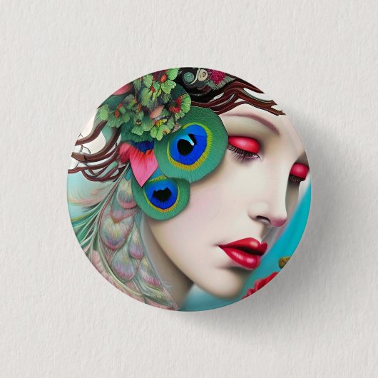 Rode Lippen en Rozen Pauw Abstract Ronde Button 3,2 Cm (Voorkant)