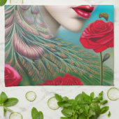 Rode Lippen en Rozen Pauw Abstract   Theedoek (Gevouwen)