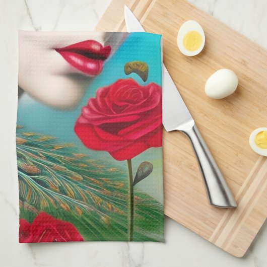 Rode Lippen en Rozen Pauw Abstract   Theedoek (Quarter Fold)