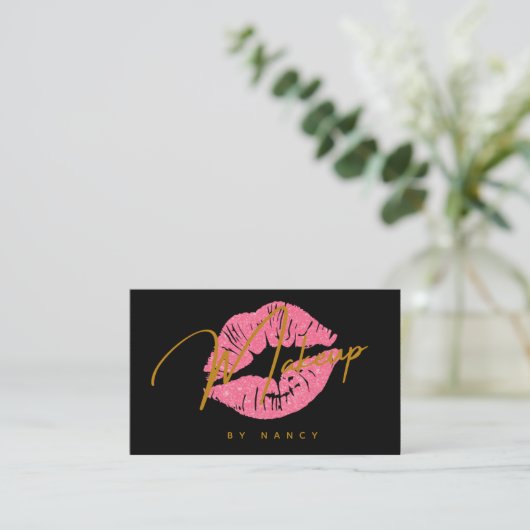 Rode Lippen & Goud Handgeschreven Script Make-up A Visitekaartje (Staand voorkant)