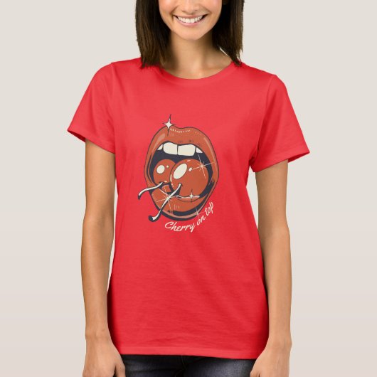 Rode Lippen Kersen Grafische Retro T-Shirt (Voorkant)