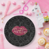 Rode Lippen Kus Zwart Bloemen Papieren Bordje (Feest)