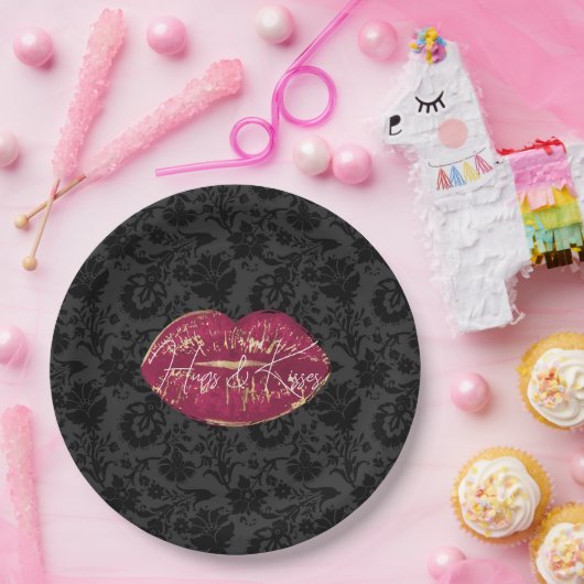 Rode Lippen Kus Zwart Bloemen Papieren Bordje (Feest)