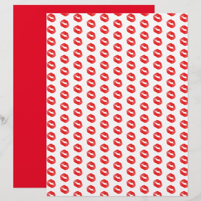 Rode Lippen Lippenstift Patroon Scrapbook Papier  (Voorkant / Achterkant)