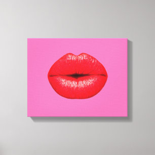 Rode lippen lippenstift pop kunst op girale roze canvas afdruk