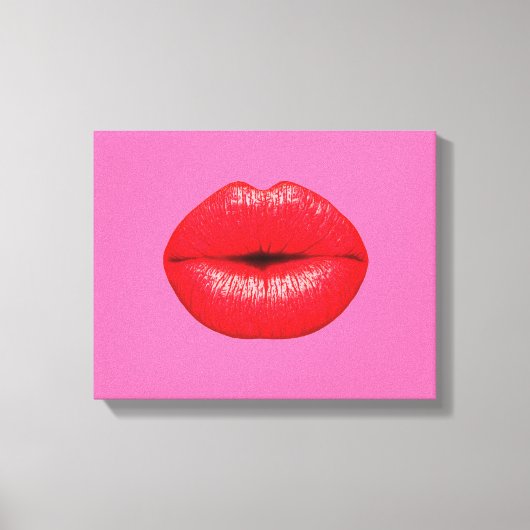 Rode lippen lippenstift pop kunst op girly roze canvas afdruk (Voorkant)
