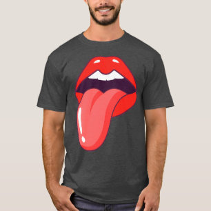 Rode lippen met tong en wit open mond t-shirt