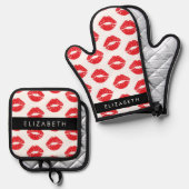 rode lippen, rode lippenstift, lippatroon, Jouw na Ovenwant & Pannenlap Set (Voorkant / Achterkant)