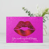 Rode lippen Roze glitter Mijn hart Fijne Valentijn Feestdagenkaart (Staand voorkant)