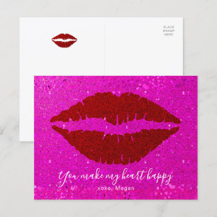 Rode Lippen Roze Glitters Valentijn Maakt Hart Gel Feestdagenkaart