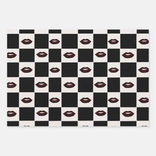 Rode Lippen Zwart Checkerboard en Grid Retro Vibes Inpakpapier Vel (Voorkant 3)