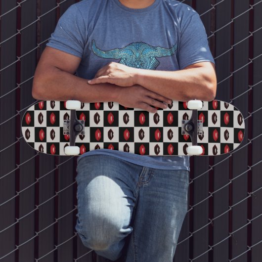 Rode Lippen Zwart Checkerboard Retro Vibes Persoonlijk Skateboard (Buiten 3)