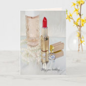 Rode lippenstift en sieraden verjaardag kaart (Gele Bloem)