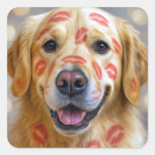 Rode lippenstift kusjes op een Golden Retriever Vierkante Sticker