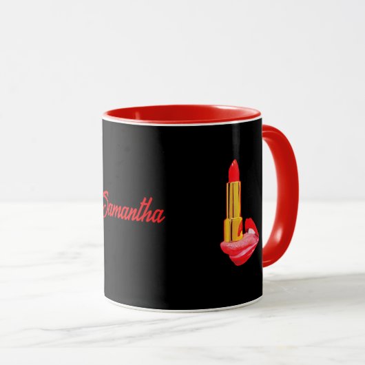 Rode lippenstift op de tong zwart met aangepaste n mok (Voorkant rechts)