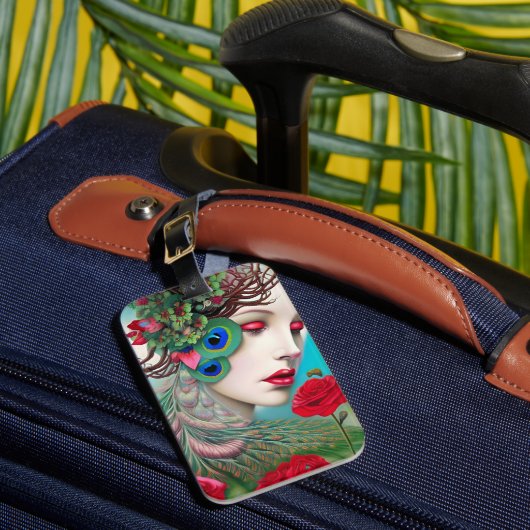 Rode lips en Rozen Peacock Abstract Bagagelabel (Voorkant Insitu 1)