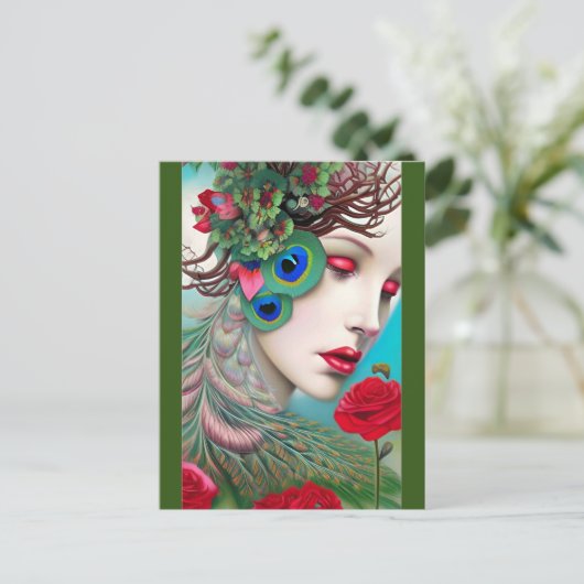 Rode lips en Rozen Peacock Abstract Briefkaart (Staand voorkant)