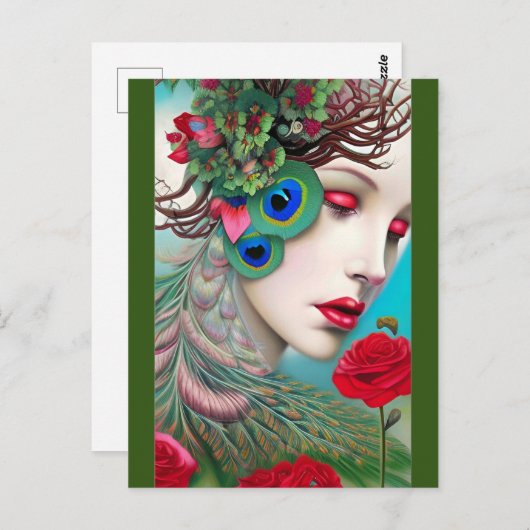 Rode lips en Rozen Peacock Abstract Briefkaart (Voorkant / Achterkant)