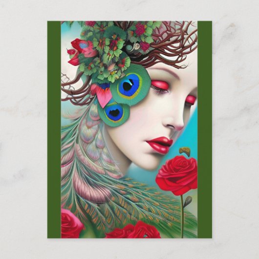Rode lips en Rozen Peacock Abstract Briefkaart (Voorkant)