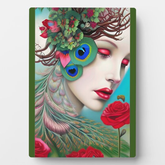 Rode lips en Rozen Peacock Abstract Fotoplaat (voorkant)