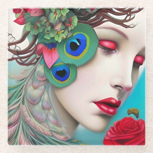 Rode lips en Rozen Peacock Abstract Glazen Onderzetter (Voorkant)