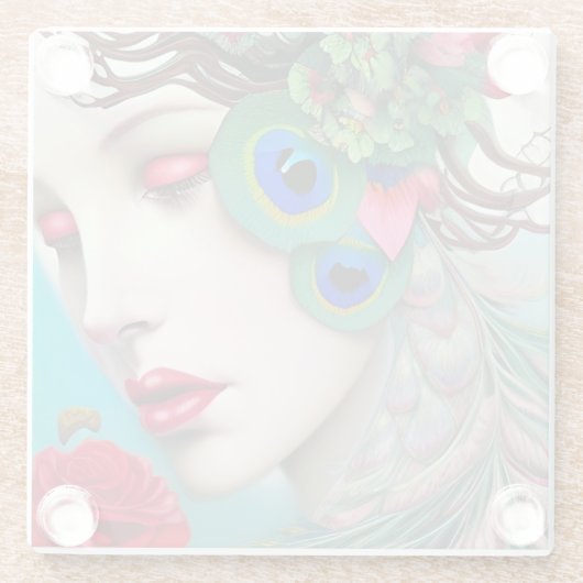 Rode lips en Rozen Peacock Abstract Glazen Onderzetter (Achterkant)