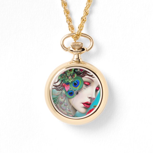 Rode lips en Rozen Peacock Abstract Horloge (Voorkant)