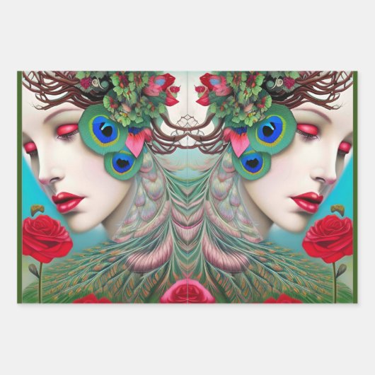 Rode lips en Rozen Peacock Abstract Inpakpapier Vel (Voorkant 3)