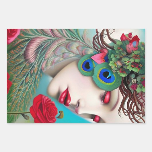 Rode lips en Rozen Peacock Abstract Inpakpapier Vel (Voorkant)