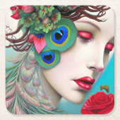 Rode lips en Rozen Peacock Abstract Kartonnen Onderzetters (Voorkant)