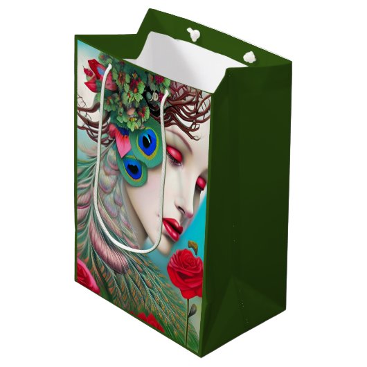 Rode lips en Rozen Peacock Abstract Medium Cadeauzakje (Voorkant Gekanteld)
