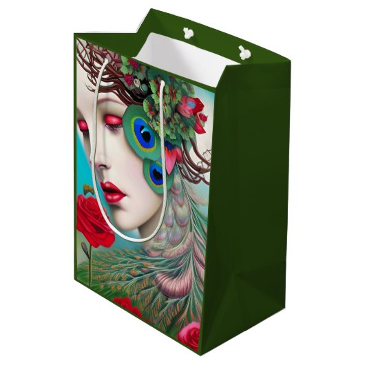 Rode lips en Rozen Peacock Abstract Medium Cadeauzakje (Achterkant Gekanteld)
