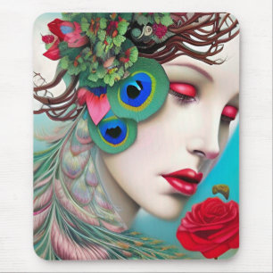 Rode lips en Rozen Peacock Abstract Muismat