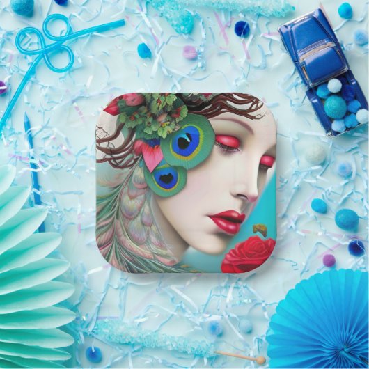 Rode lips en Rozen Peacock Abstract Papieren Bordje (Feest)