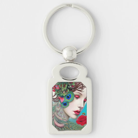 Rode lips en Rozen Peacock Abstract Sleutelhanger (Voorkant)