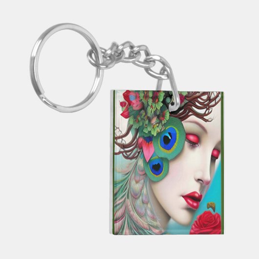 Rode lips en Rozen Peacock Abstract Sleutelhanger (Voorkant Links)