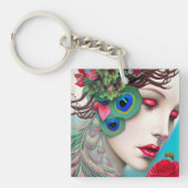 Rode lips en Rozen Peacock Abstract Sleutelhanger (Voorkant)
