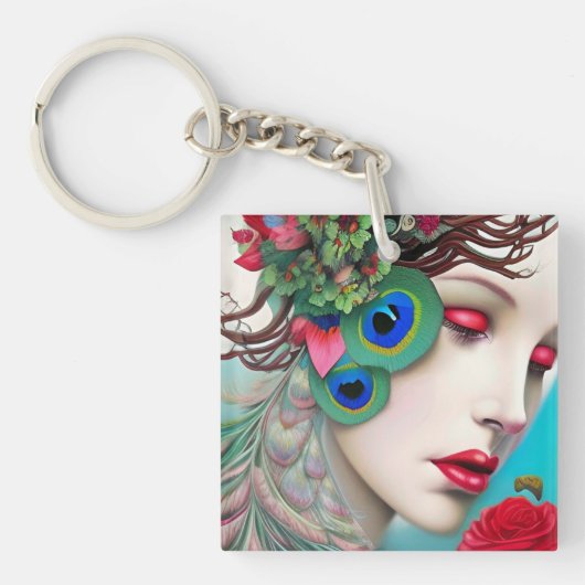 Rode lips en Rozen Peacock Abstract Sleutelhanger (Voorkant)