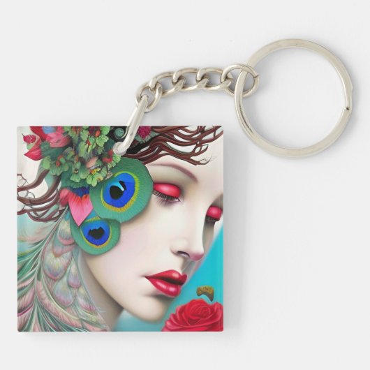 Rode lips en Rozen Peacock Abstract Sleutelhanger (Achterkant)