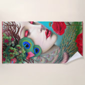 Rode lips en Rozen Peacock Abstract Strandlaken (Voorkant)