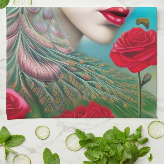 Rode lips en Rozen Peacock Abstract Theedoek (Gevouwen)