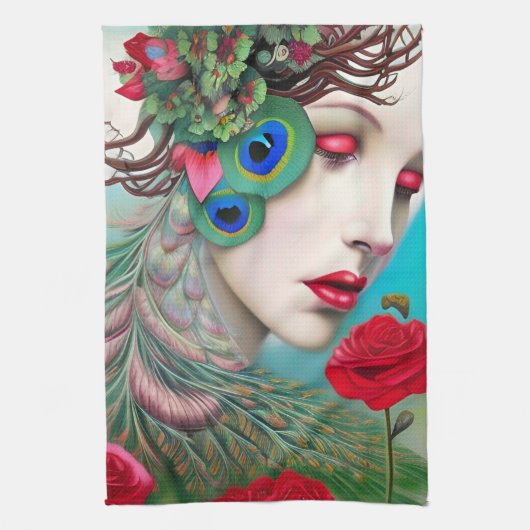 Rode lips en Rozen Peacock Abstract Theedoek (Verticaal)