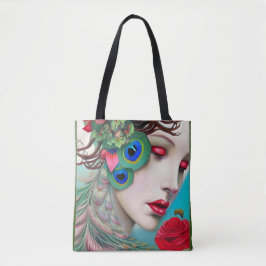 Rode lips en Rozen Peacock Abstract Tote Bag