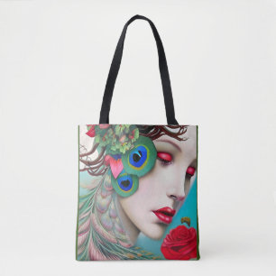 Rode lips en Rozen Peacock Abstract Tote Bag