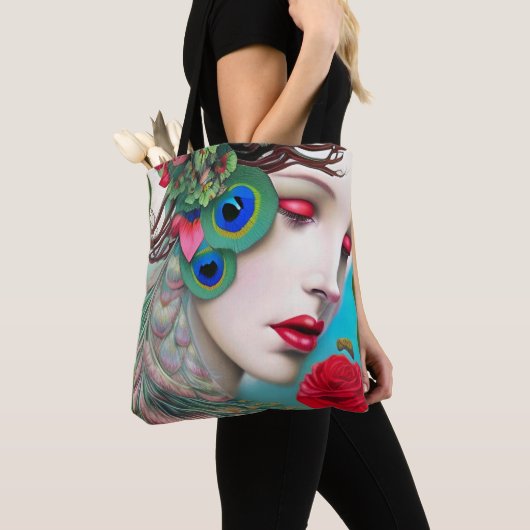 Rode lips en Rozen Peacock Abstract Tote Bag (Dichtbij)
