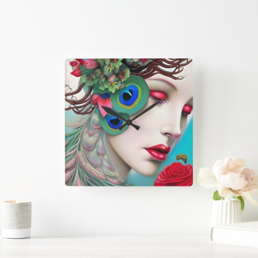 Rode lips en Rozen Peacock Abstract Vierkante Klok (Huis)