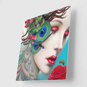 Rode lips en Rozen Peacock Abstract Vierkante Klok (Hoek)