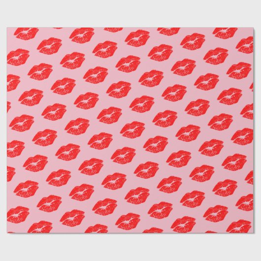 Rode Lips Kisses op Roze ompakpapier Cadeaupapier (Vlak)