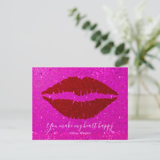Rode Lips Roze Glitter Valentijn maakt het hart ge Feestdagenkaart (Staand voorkant)