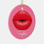 Rode lipstick grote pop lippen op girale roze naam keramisch ornament (Rechts)